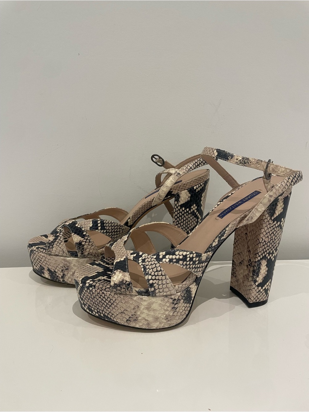 Stuart Weitzman Neutral Snake-Print Platform Heels